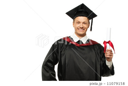 Cheerful young graduated student man isolated on white Cheerful young graduated student man isolated on white 11079158