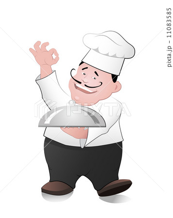 Illustration of a cartoon chef carrying a covered plate of food. 11083585