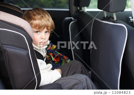Portrait of little boy sitting in safety car seat 11084823