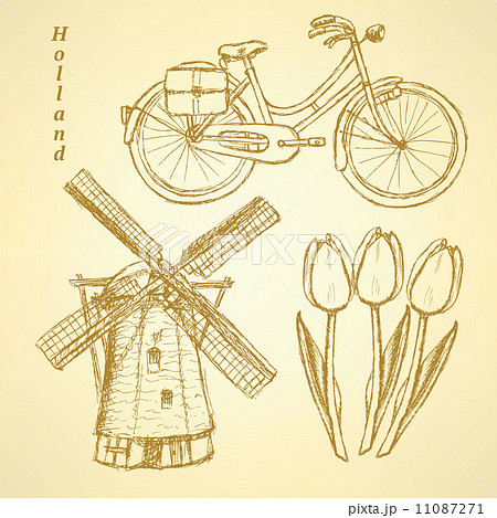 Sketch Holland windmill, bicycle and tulip, vector background 11087271