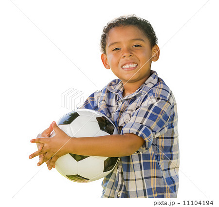 Mixed Race Boy Holding Soccer Ball on White 11104194
