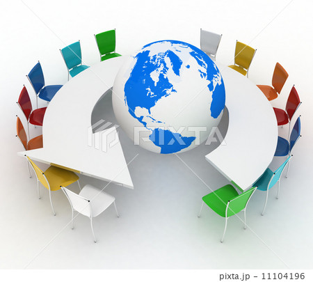 Conference table as an arrow with globe Conference table as an arrow with globe 11104196