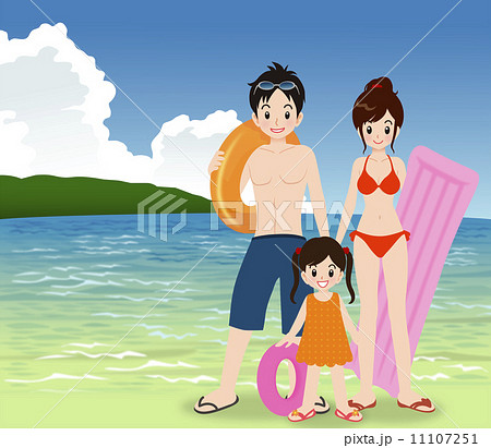 3人家族 海水浴 背景有のイラスト素材