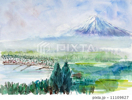 箱根より早春の富士山と芦ノ湖を描いた手書き水彩画のイラスト素材