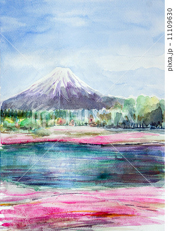 春の富士山のスケッチ 富士山の水彩画のイラスト素材