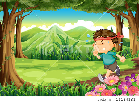 A boy jogging in the middle of the forest A boy jogging in the middle of the forest 11124131