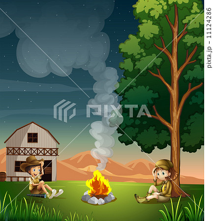 Two explorers making a campfireのイラスト素材 [11124286] - PIXTA