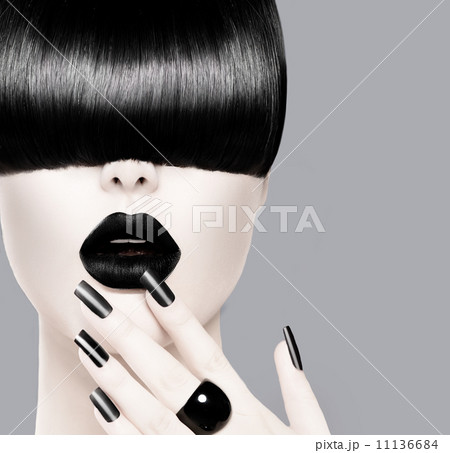 Fashion Model with Trendy Hairstyle, Black Lips and Manicure 11136684