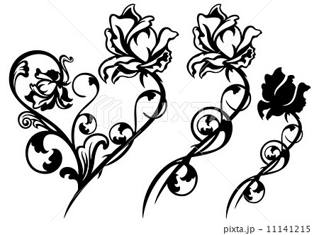 rose flower and stem floral decorative elements - black and white vector design set 11141215