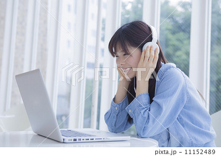 ヘッドフォンをつけてパソコンを見る女性 ヘッドフォンをつけてパソコンを見る女性 11152489