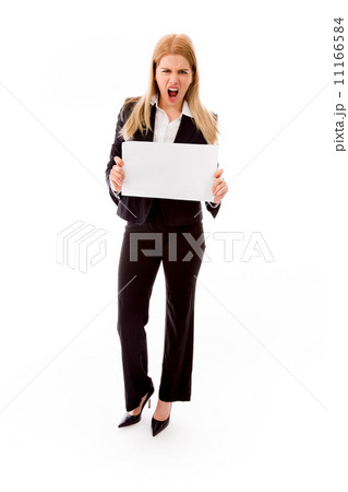 Frustrated businesswoman holding a blank placard Frustrated businesswoman holding a blank placard 11166584