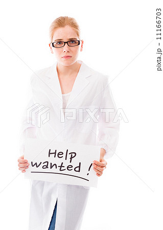 Female scientist showing help sign on white background Female scientist showing help sign on white background 11166703
