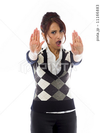 Indian businesswoman making stop gesture and showing stop Indian businesswoman making stop gesture and showing stop 11166883