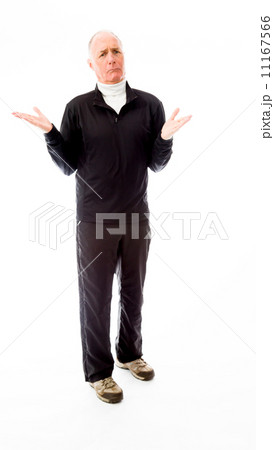 Senior man shrugging with raised hands 11167566
