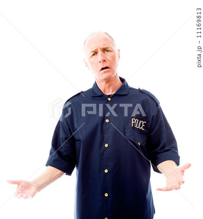 Policeman shrugging with raised hands 11169813