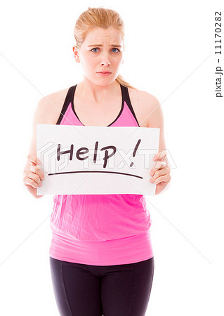 Young woman showing help sign on white background Young woman showing help sign on white background 11170282