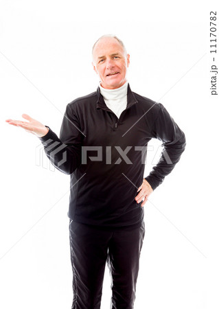 Senior man showing product with open hand palm Senior man showing product with open hand palm 11170782