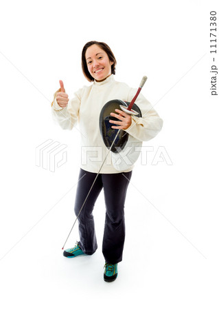 Female fencer showing thumbs up sign 11171380