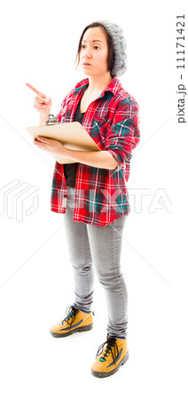 Young woman showing something with holding clipboard Young woman showing something with holding clipboard 11171421