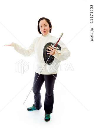 Female fencer showing something with holding a mask and sword 11171552