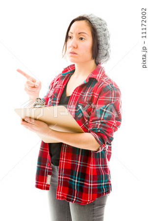 Young woman showing something with holding clipboard 11172002