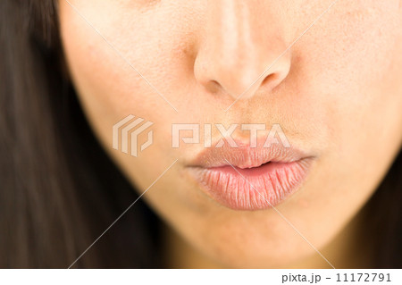 Extreme close-up of a young woman puckering 11172791