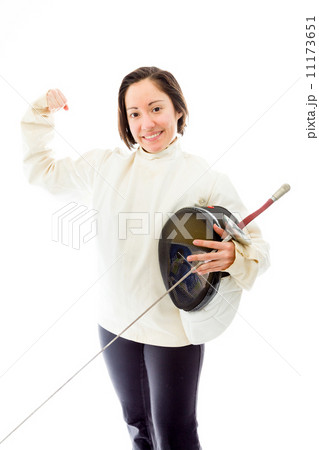 Female fencer smiling with flexing biceps 11173651
