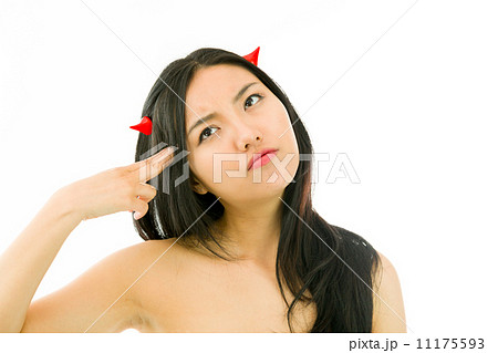 Devil side of a young naked Asian woman shooting herself in head 11175593