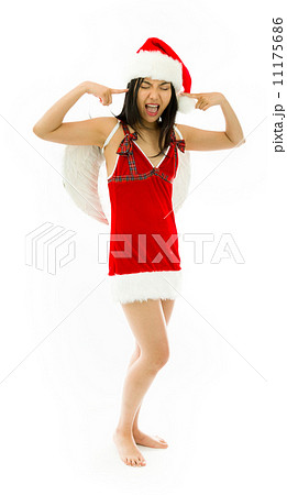 Asian young woman wearing Santa costume dressed up as an angel shouting in frustration isolated on white background 11175686