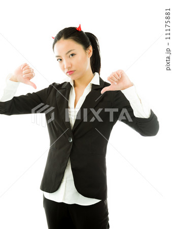Devil side of a young Asian businesswoman showing thumbs down sign with both hands isolated on white background Devil side of a young Asian businesswoman showing thumbs down sign with both hands isolated on white background 11175881
