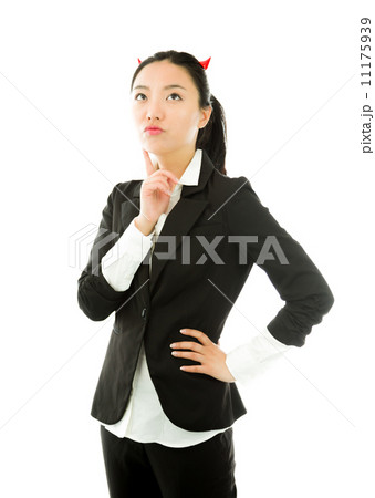 Devil side of a young Asian businesswoman thinking with finger on chin isolated on white background Devil side of a young Asian businesswoman thinking with finger on chin isolated on white background 11175939