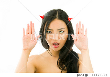 Devil side of a young naked Asian woman making stop gesture sign from both hands Devil side of a young naked Asian woman making stop gesture sign from both hands 11175953