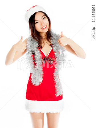 Sexy asian santa claus positive thumbs up with a garland 11176861