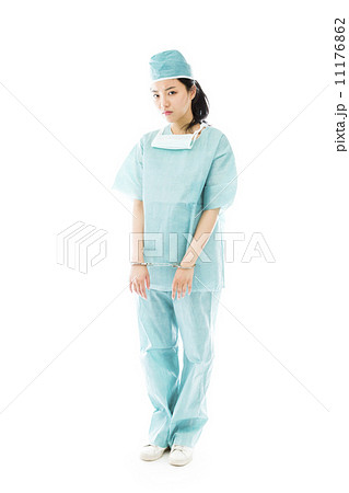 Asian female surgeon in blue uniform with handcuffed hands 11176862
