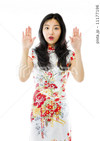 Asian young woman making stop gesture and showing stop 11177196