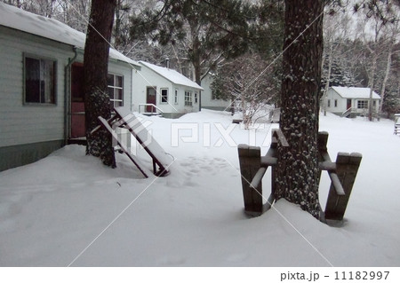Snow covered benches leaning against trees in a ski resort, Oran Snow covered benches leaning against trees in a ski resort, Oran 11182997