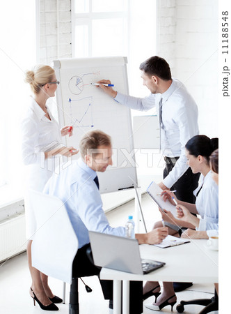 businessman pointing at graph on flip board 11188548
