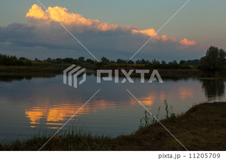 Sunrise over the lake with reflection of bare trees in the water. 11205709