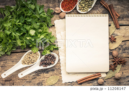 Menu background. Recipe notepad with diversity of spices and herb. 11208147