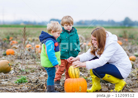 Mother and two little sons having fun on pumpkin patch. 11209512