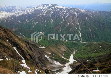 稜線から見下ろす残雪の一ノ倉沢と朝日岳・白毛門 11213260