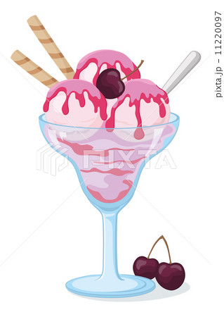 Glass with ice cream, cherry berries, scoop and wafer 11220097