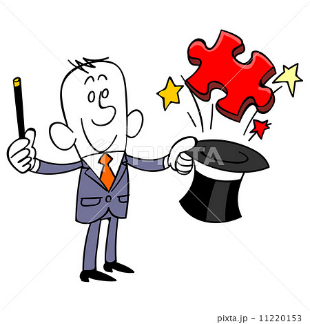 シルクハットからパズルのピースを出すビジネスマン  11220153