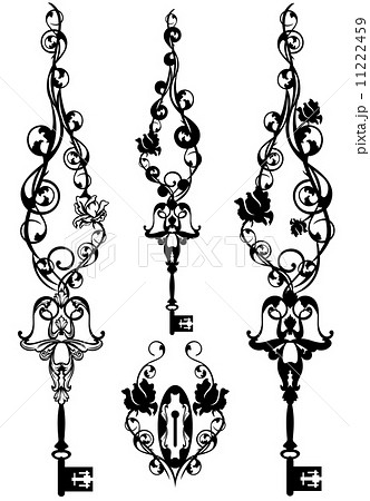vintage skeleton key pendant and keyhole among rose stems - symbols of secrets and romance 11222459