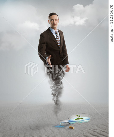 Genie business man appearing from the magic lamp or bottle. Help Genie business man appearing from the magic lamp or bottle. Help 11225670