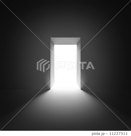 Abstract empty interior with open glowing door and light Abstract empty interior with open glowing door and light 11227311