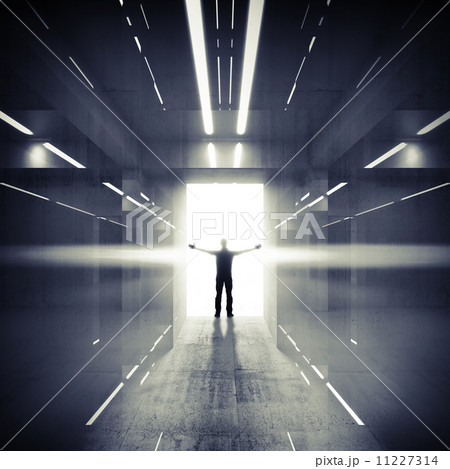 Abstract dark interior with lights, glowing door and man silhoue Abstract dark interior with lights, glowing door and man silhoue 11227314