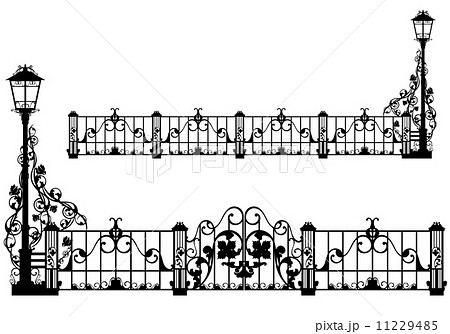 Antique Iron Fence With Street Light And Gates のイラスト素材