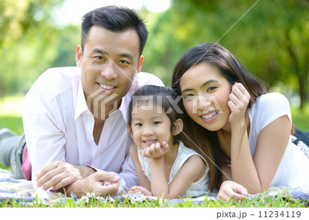 Young loving family couple & daughter in causal laying on a mat in a park 11234119