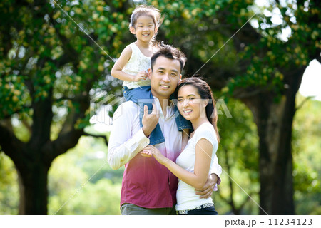 Portrait of young loving family daughter sitting on dad shoulders 11234123